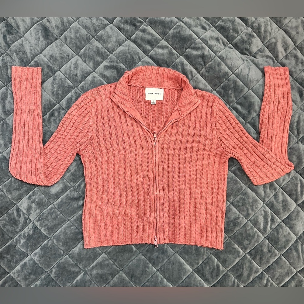 PINK ROSE - Cropped Zipper Cardigan